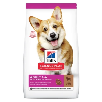 Hill's Science Plan dog food bag for adults, small & mini dogs up to 10 kg, featuring lamb & rice, with a special antioxidant blend.