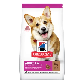 Hill's Science Plan dog food bag for adults, small & mini dogs up to 10 kg, featuring lamb & rice, with a special antioxidant blend.