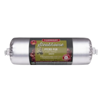 Silberne Tierfutterrolle mit der Aufschrift 'Fleischeslust Steakhouse Pferd Pur', 85% Fleisch, Einzelprotein-Futter für Hunde und Katzen