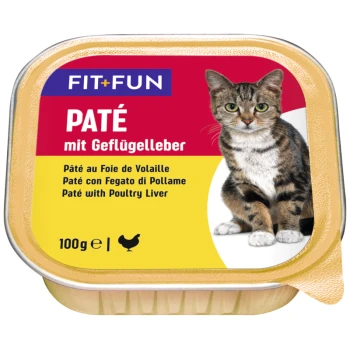 Verpackung für Katzenfutterpaté mit einer getigerten Katze, beschriftet mit "FIT+FUN PATÉ mit Geflügelleber" mit Übersetzungen in Französisch, Italienisch und Englisch.
