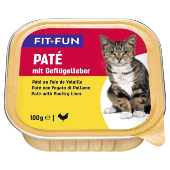 Verpackung für Katzenfutterpaté mit einer getigerten Katze, beschriftet mit "FIT+FUN PATÉ mit Geflügelleber" mit Übersetzungen in Französisch, Italienisch und Englisch.