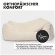 Ein entspannter Französischer Bulldogge in einem plüschigen Hundebett mit "sweet dreams" darüber, ausgestattet mit Cord-Stoff, Memory-Schaum und rutschfestem Design.