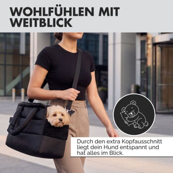 Kleiner brauner Pudel ruht in einem schwarzen Haustierbett, mit deutschem Text über Komfort und weite Sicht für Hunde.