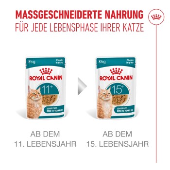 Royal Canin Katzenfutterbeutel für Seniorenkatzen über 11 und 15 Jahre, 85g Stücke in Soße, maßgeschneiderte Ernährung.
