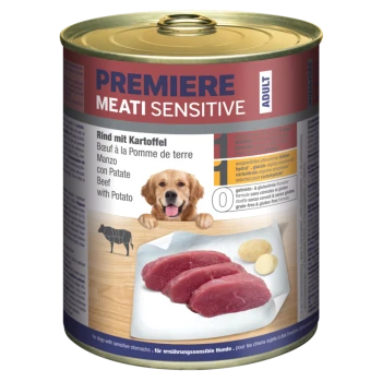 Dosen-Hundefutter mit der Aufschrift 'Premiere Meati Sensitive', das Rindfleisch und Kartoffeln enthält, mit Bildern von rohen Rindfleischstücken und einer Kartoffel.