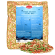 Bunte Fischfuttersticks in einer Tüte, mit einem blauen Etikett, das Nährwertinformationen und Fütterungshinweise enthält.