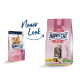 Die Verpackung von Happy Cat Haustierfutter zeigt ein Kätzchen und eine junge Katze, beschriftet mit "Junior 4-12 Monate" und "Farmgeflügel." Der Text lautet "Neuer Look."