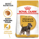 Royal Canin Adult Miniature Schnauzer Hundefutterbeutel mit Schnauzer-Illustration, die die Rassenernährung und die Gesundheit der Harnwege betont.