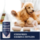 Ein schlafender Welpe und Kätzchen kuscheln sich unter einer blauen Decke neben einer Flasche Pawlie's Fellpflege Spray für stressfreies Grooming.