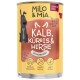 Dose mit "Milo & Mia Senior Dog"-Futter mit Zutaten: Kalb, Kürbis, Hirse. Ansprüche: "Immun Booster", "Darm Wohl", "Haut & Fell."