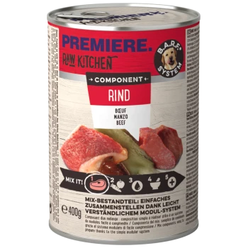 Dosenfutter für Haustiere "Premiere Raw Kitchen" mit Rindfleisch, mit einer Grafik "Mix it!" und modularen Systemanweisungen auf Deutsch.