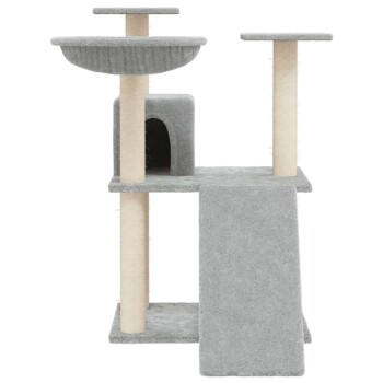 Graue Katzenbaum mit zwei Plattformen, einem Kratzbaum und einem gemütlichen Versteck. Ideal zum Klettern und Spielen.