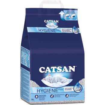 Hygiene kitty litter 18 l Catsan Hygiene Plus cat litter packaging, featuring a sleeping white cat on a cloud, with text indicating it's non-clumping and 100% natural.