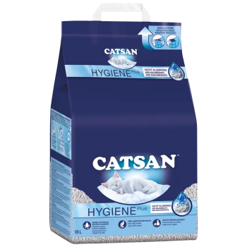 Catsan Hygiene Plus cat litter packaging, featuring a sleeping white cat on a cloud, with text indicating it's non-clumping and 100% natural.