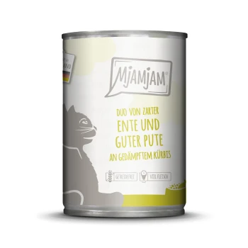 Nassfutter Katze Adult, Duo 6x400 g Ente und Pute Katzenfutterdose mit einer Dose, die mit "Mjamjam" beschriftet ist und eine Silhouette einer Katze zeigt, mit dem Hinweis "Duo von zarter Ente und guter Pute an gedämpftem Kürbis."
