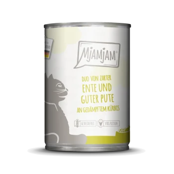 Katzenfutterdose mit einer Dose, die mit "Mjamjam" beschriftet ist und eine Silhouette einer Katze zeigt, mit dem Hinweis "Duo von zarter Ente und guter Pute an gedämpftem Kürbis."