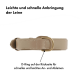 Beige Haustierhalsband mit einem goldenen D-Ring für eine einfache Leinenbefestigung, mit Text auf Deutsch über die schnelle und einfache Verwendung.