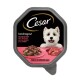 Cesar Landragout Hundefutterverpackung mit zartem Rind- und Putenstücken, mit sichtbarem Text in Deutsch und Französisch über natürliche Zutaten.