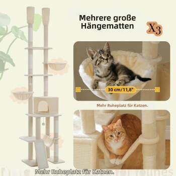 Beiger mehrstufiger Katzenbaum mit verstellbaren Stangen, breiten Plattformen, runden Körben, geräumigem Häuschen und Hängematte unten, mit zwei Katzen.