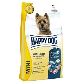 Glücklicher Hund Mini Light Hundefutterbeutel mit einem lächelnden Hund, der "Kalorienkontrolle", "45 % weniger Fett" und "Steigert den Stoffwechsel" zeigt.