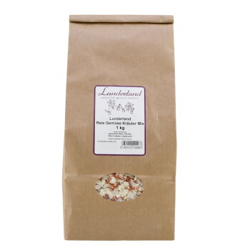 Braune Papiertüte mit dem Aufdruck "Lunderland Reis Gemüse Kräuter Mix", die eine bunte Mischung aus Reis, Gemüse und Kräutern enthält, 1 kg.