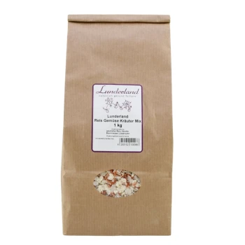 Braune Papiertüte mit dem Aufdruck "Lunderland Reis Gemüse Kräuter Mix", die eine bunte Mischung aus Reis, Gemüse und Kräutern enthält, 1 kg.
