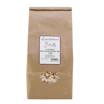 Braune Papiertüte mit dem Aufdruck "Lunderland Reis Gemüse Kräuter Mix", die eine bunte Mischung aus Reis, Gemüse und Kräutern enthält, 1 kg.