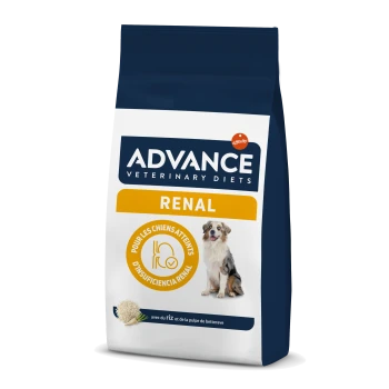 Un sac de nourriture pour chiens Advance Veterinary Diets Renal, avec un chien et un texte en français sur le soutien rénal avec du riz et de la pulpe de betterave.