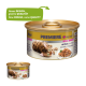 Dosen für Katzenfutter mit einer verspielten getigerten Katze, gekennzeichnet mit "Premiere I love my cat" mit "Royal Ragout mit Huhn" und einem Hinweis auf die Designänderung.