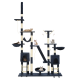 Ein großer mehrstöckiger Katzenbaum mit sechs Katzen, die auf verschiedenen Plattformen entspannen, mit Kratzpfosten, Hängematten und hängenden Spielzeugen.