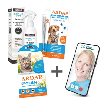 Haustierpflegeprodukte: Felisept Katzenspray, ARDAP Zeckenentfernungstools, ARDAP Flohschutz und ein Smartphone mit einer Tierarztberatungs-App.