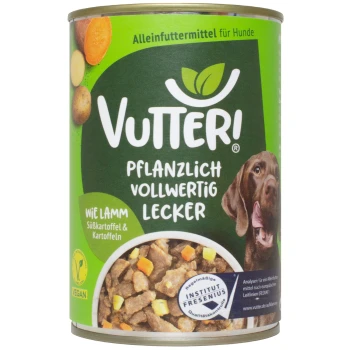 Vutter! veganes Hundefutter-Dose mit einem braunen Hund, mit dem Text "Pflanzlich vollwertig lecker" und "Wie Lamm Süßkartoffel & Kartoffeln."