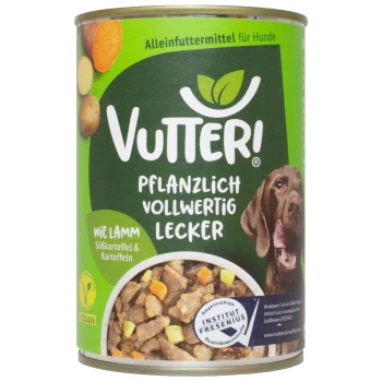 Vutter! veganes Hundefutter-Dose mit einem braunen Hund, mit dem Text "Pflanzlich vollwertig lecker" und "Wie Lamm Süßkartoffel & Kartoffeln."