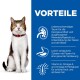 Eine getigerte Katze mit weißer Brust sitzt neben einem blauen Panel, das Vorteile auflistet: Taurin, verdauliche Zutaten und Vitamine für die Gesundheit.