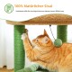 Orangefarbener Tabby-Katze kratzt an einem grünen Sisalpfosten auf einem Katzenbaum, mit einem verspielten Pom-Pom-Spielzeug, das darüber hängt. Der Text lautet "100% Natürliches Sisal."