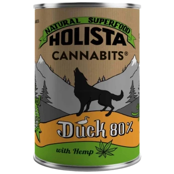Dose mit Holista Cannabits natürlichem Superfood für Haustiere, mit einer Silhouette eines Hundes, beschriftet mit 'Ente 80% mit Hanf.'