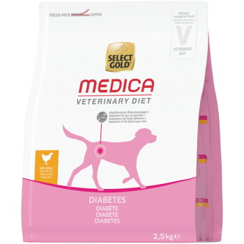 Select Gold Medica Veterinary Diet Diabetes Hundefuttertüte, rosafarbene Hundgrafik mit Bauchzielscheibe, Geflügelsymbol, 2,5 kg.
