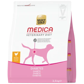 Zak Select Gold Medica Veterinary Diet diabetes hondenvoer, roze hondenillustratie met doelgebied op de buik, pluimvee-icoon, 2,5 kg.