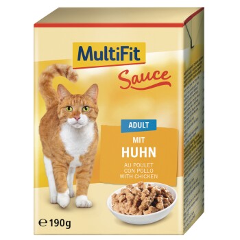 MultiFit Sauce Katzenfutter für erwachsene Katzen mit Huhn, zeigt eine orange-weiße Katze und eine Schale Nassfutter, 190g Packung.