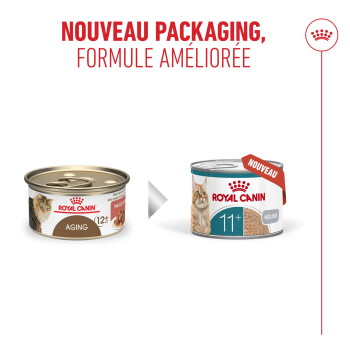 Aliments pour chats Royal Canin : ancienne boîte « AGING 12+ » vs nouvelle boîte « 11+ MOUSSE » ; titre « NOUVEAU PACKAGING, FORMULE AMÉLIORÉE ».