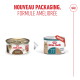 Aliments pour chats Royal Canin : ancienne boîte « AGING 12+ » vs nouvelle boîte « 11+ MOUSSE » ; titre « NOUVEAU PACKAGING, FORMULE AMÉLIORÉE ».