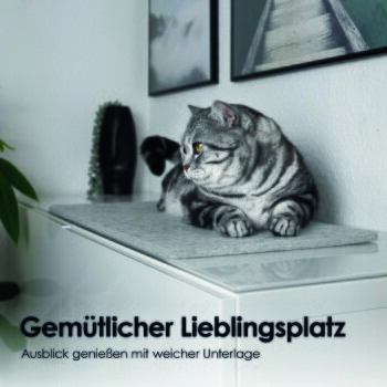 Eine graue getigerte Katze entspannt sich auf einer weichen Matte auf einem weißen Schrank, umgeben von Dekor und gerahmten Bildern. Text: "Gemütlicher Lieblingsplatz."