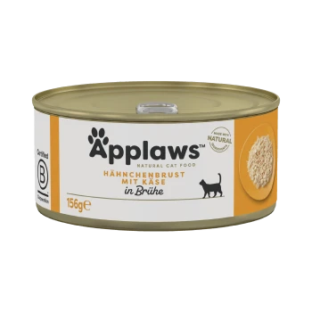 Applaws natürliche Katzenfutterdose mit Hähnchenbrust und Käse in Brühe, 156g, mit einer Silhouette einer Katze und dem Text "Hergestellt aus natürlichen Zutaten".