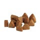 A pile of triangular-shaped brown pet treats, showcasing a textured surface, arranged on a white background.