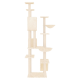 Ein hoher, mehrstöckiger Katzenbaum in hellem Beige, mit verschiedenen Plattformen, Kratzpfosten und gemütlichen Nischen zum Klettern und Ausruhen.