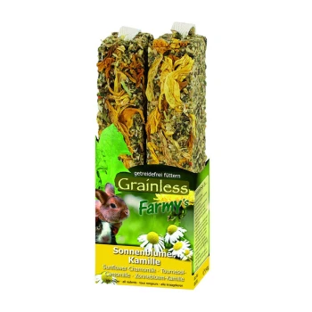Grainfreie Farmy's Haustier-Leckerlipackung mit zwei Blöcken aus Sonnenblumen- und Kamillenmix, mit Bildern eines Kaninchens und eines Meerschweinchens.