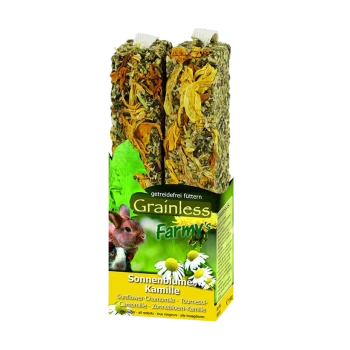 Grainfreie Farmy's Haustier-Leckerlipackung mit zwei Blöcken aus Sonnenblumen- und Kamillenmix, mit Bildern eines Kaninchens und eines Meerschweinchens.