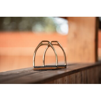 Zwei glänzende goldene Pferdestollen mit schwarzen Gummisohlen, die auf einer Holzoberfläche ruhen, mit einem verschwommenen Hintergrund.