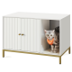 Ein stilvoller weißer Katzenkasten mit goldenen Beinen, in dem eine grau getigerte Katze mit einem orangefarbenen Halsband neugierig herausblickt.