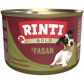 Boîte de nourriture pour chiens RINTI Gold portant la mention « mit FASAN », avec une petite image de Jack Russell et le texte « Getreidefrei In feinen Stücken ».